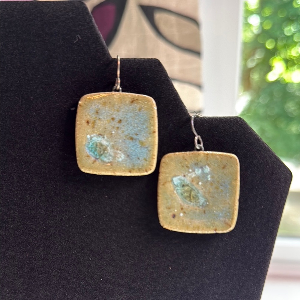 Handcrafted Blue and Tan Square Ceramic Earrings